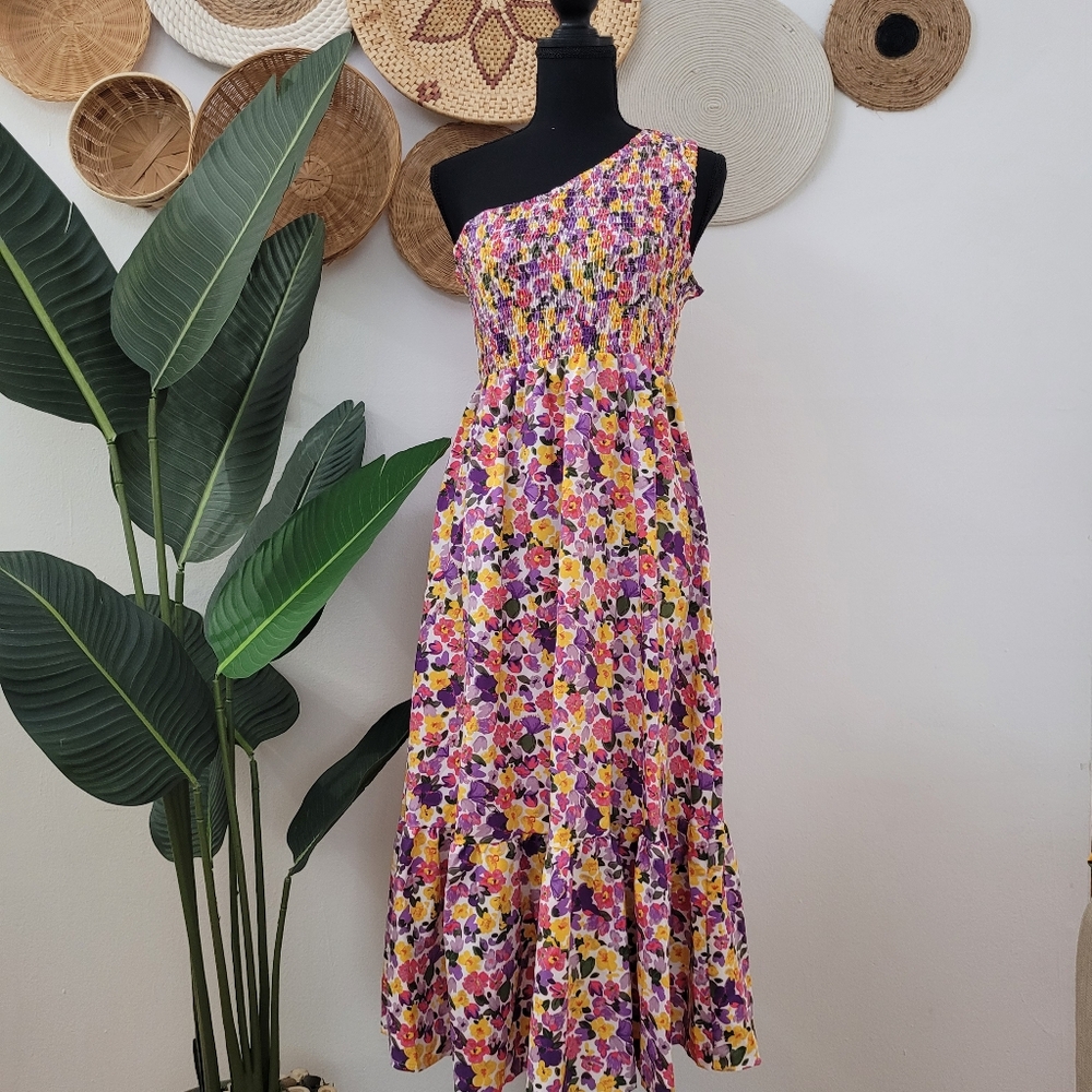 Colorfull floral purple dress/one shoulder Sleeveless- M